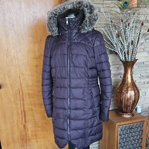 Women's Quilted Purple Coat with Faux Fur Hood